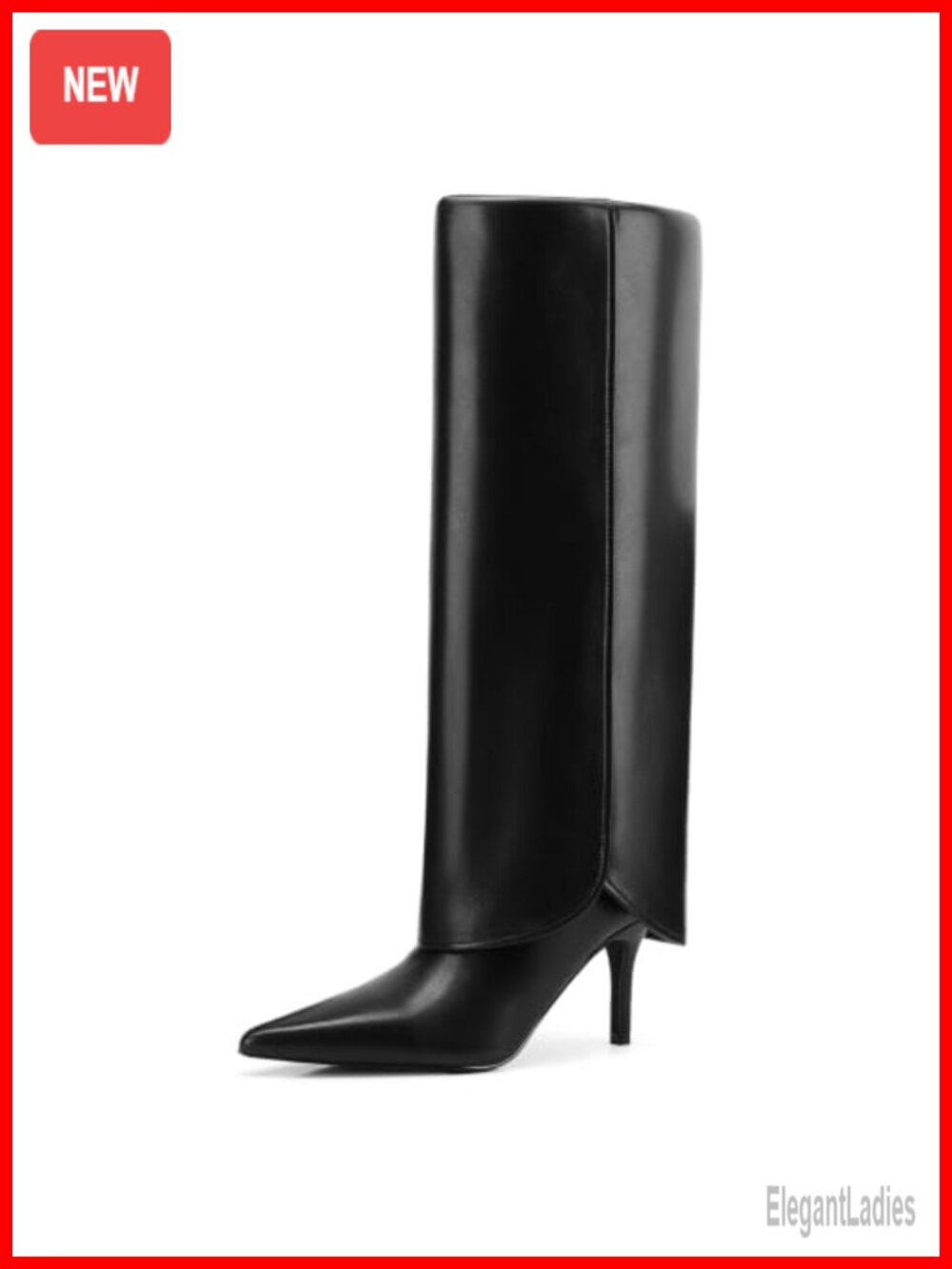 Women's Knee High Stiletto Boots Fold-Over Pointed Toe Faux Leather Zip